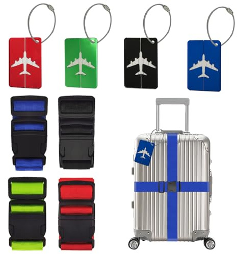 Werownsgso Koffergurt mit Kofferanhänger Kofferanhänger Set Einstellbare Kofferbänder Personalisierte Identifikation Gepäckband für Reisen und Flugreise (Blau+Grün+Rot+Schwarz, 4 Stück)