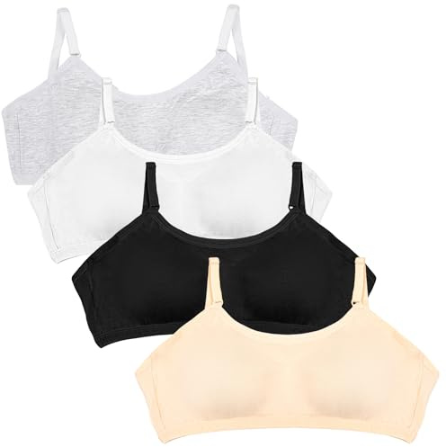 Kunoli 4 Pack Girls Sports Bra Training Bra, Kids Teen Sports Bra with Adjustable Eye Hooks and Straps, Girls Crop Top Underwear for Teen (UK, Age, 10 Years, 12 Years, Regular)