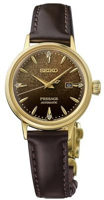 SEIKO SRE020 Presage Women's Cocktail Time Watch, Brown Dial with Diamonds, Gold-Tone Stainless Steel, Leather Strap, 50M Water Resistant