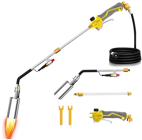 IgnitChef Propane Torch Weed Torch Burner Heavy Duty-340,000 BTU Weed Burner with 2 Extension Modes, Piezo Trigger(Self Igniting)&12.5ft Hose, Multi-Fuel Compatible(1lb-100lb) for Weeds, Ice Melting