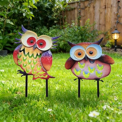 2 Stück Gartenfiguren Eulen Figuren Gartendeko für Draußen Gartenstecker Eule Metall, Gartenstecker Rost Gartenstatuen, Garten Deko Outdoor Stecker, Tier Garten Statue Aussen Gartendekoration (A)