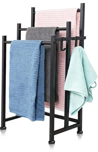 Handtuchleiter Freistehend, 3-stufiger trapezförmiger Handtuchständer aus Metall, Schwarz, vielseitiger Handtuchhalter ohne Bohren für Badezimmer, Schlafzimmer, Balkon & Wohnzimmer