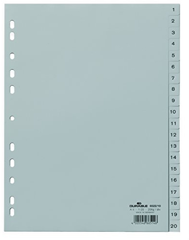 Durable 652210 Indexes with Printed and Coloured Tabs 1-20, grå, 20 stycken