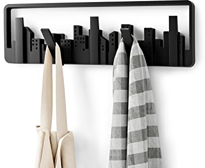 Umbra Skyline Kunststoff Garderobenhaken - Moderne und Platzsparende Garderobenleiste mit 5 Beweglichen Haken für Jacken, Mäntel, Schals, Handtaschen und Mehr, Schwarz