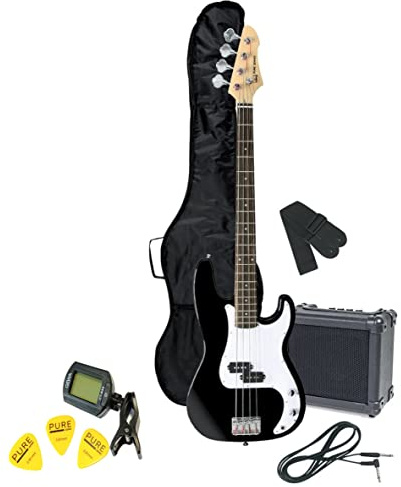 GEWA E-Bass, Bass Pack RCB-100 Set schwarz– Massiver Basswoodkorpus, Ahornhals, Pakkaholz-Griffbrett, inkl. Verstärker, Gigbag und Zubehör für kraftvollen Bass-Sound