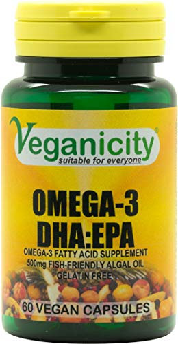 Veganicity Omega-3 DHA:EPA 500mg : Algal Oil Omega-3 Fatty Acid : 60 Vcaps, in a Planet-Friendly 99% Recycled Pot