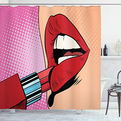 ABAKUHAUS Pop Art Duschvorhang, Halftone Comic Pop Art Girl, Stoffliches Gewebe Badezimmerdekorationsset mit Haken, 175 x 200 cm, Rot Rosa