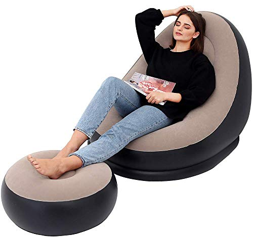 LONEEDY Sillón hinchable aterciopelado para ocio con reposapiés plegable separado para exteriores (marrón)