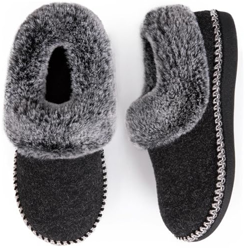EverFoams Women's Bootie Slippers Warm Soft House Shoes with Fluffy Collar | Memory foam,non-slip,indoor,furry,fuzzy,faux fur,supportive,rubber sole,outdoor