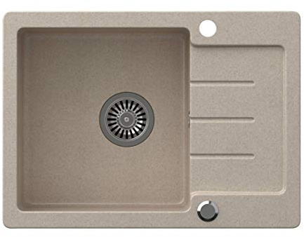 VBChome Évier simple encastré 60 x 44 cm en granit composite ponctuel, réversible, avec siphon, Beige