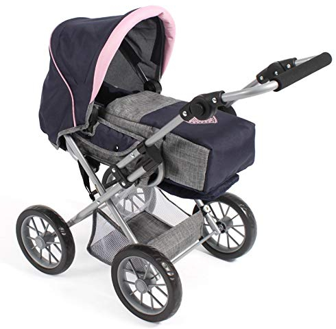 Bayer Chic 2000 - Puppenwagen Leni, 2in1 Kombipuppenwagen mit herausnehmbarer Tragetasche, Melange grau, Navy, rosa, 64 x 37 x 68 cm