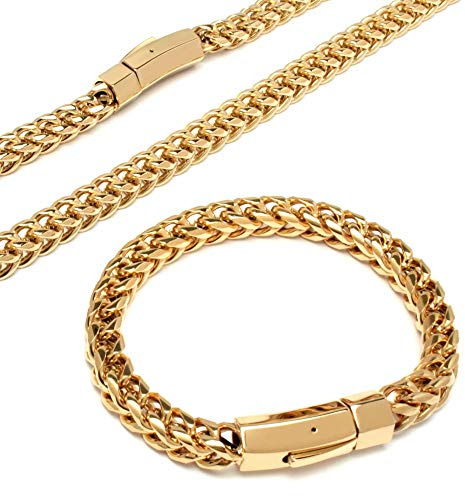 Schmuck-Checker XL Fuchsschwanzketten Schmuckset oder gold Halskette und Armband aus 316L Edelstahl dick schwer Herren (Gold)