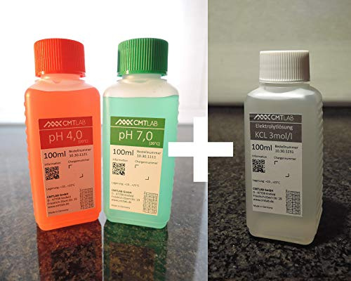 pH Komplettset – Kalibrierlösung pH 4,01 + pH 7,00 & KCl Aufbewahrungslösung je 100 ml – Eichlösung + Elektrolytlösung für pH-Elektroden, Industriequalität, Made in Germany