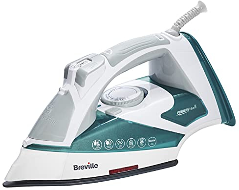 Breville POWERSTEAM 2600W Ferro da Stiro a Vapore, Piastra in Ceramica, Colpo Vapore 220 g, Getto Vapore Verticale 50g/min, Auto Spegnimento, Bianco/Turchese