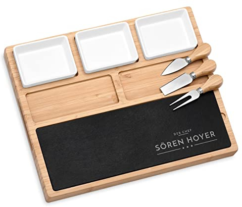 Maverton Servierplatte mit Gravur - Käsebrett mit personalisierter Steinplatte + 3 Keramikschalen - Partyplatte mit 3 Besteckteilen - Tapasplatte für Männer zum Geburtstag - Chef
