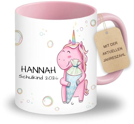 LOOXIS Personalisierte Tasse für Kinder mit Namen, Text & Motiv bedruckt – 325ml, Keramik, versch. Farben – Geschenkidee Jungen, Mädchen, Einschulung, Kindergarten – Rosa, Schultüten-Einhorn