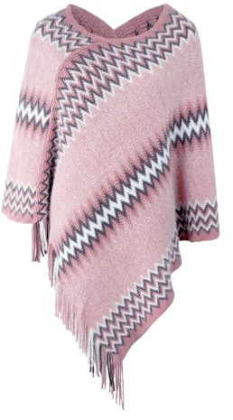 AFOLIRY Women's Soft Knitted Zig Zag Patterned Tassel Batwing Poncho Sweater Pullover Wraps Top