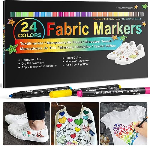 24 Textilstifte Waschmaschinenfest, Textilfarbe Stoffmalfarben Waschfest Stoffmalstifte Textilmalstifte Stofffarbe Textilmarker für T shirt, Stoffbeutel zum Bemalen, Ostern Stoff Basteln Stifte