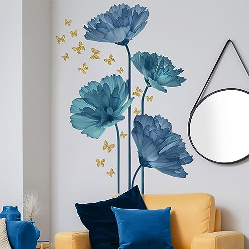 Wandaufkleber Blumen, Blaue Blumen Und Goldene Schmetterlinge Wandaufkleber Mohnpflanze Wandaufkleber Wohnzimmer Schlafzimmer Badezimmer Wanddekoration (Gold)