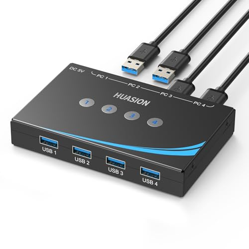 USB 3.0 Switch 4 Computers Sharing 4 USB Peripheral Devices Switcher for PC Laptop Mouse Keyboard Scanner Printer with One Button Swapping and 3.5mm Audio Output