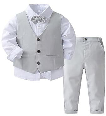 Alvivi Trajes para Bebé Niños de Vestir Elegante Caballeros de Formal con Camisa Blanco y Pajarita y Chaleco y Pantalones de Traje para Boda Bautizo (6 Meses-8 Años) S Gris 9-12 Meses