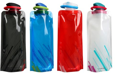 FLOTRUTE 4 Pièce Bouteilles d'eau Pliables Portable Sac d'eau en Plastique Bouteille d'eau Réutilisable Flexible Pliable Avec Crochet Bouteille de Sport Pliable pour Randonnée,les Voyages,700ML