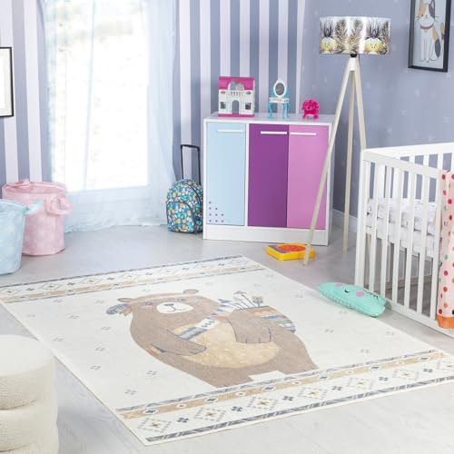 Livabliss Bär Kinder waschbar - Cartoon 120x170 cm, Waschbarer Kinderzimmer oder Babyzimmer, Krabbel oder Spiel - Babymatte für Jungen & Mädchen, Beige