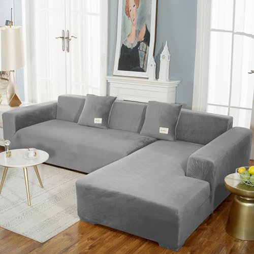 Sofa BezüGe 1/2/3/4 Sitzer Kombination Ecksofa Couch üBerzug Ecksofa Sofabezug Rechts Oder Links Peninsula Universal-Sofa BezüGe L-Form Samt Sofaschoner Mit 1 Kissenbezug FüR Kind(210-280cm,Gray 2)