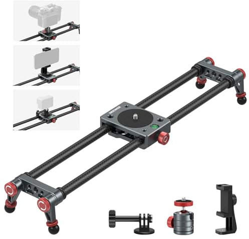 NEEWER 16in/40cm Carbon Fiber Camera Slider with 360° Ball Head/Phone Clamp/Action Camera Mount, Dolly Rail Track with 4 Bearings & Adjustable Legs, Compatible with GoPro Insta360 iPhone Android, CS1M
