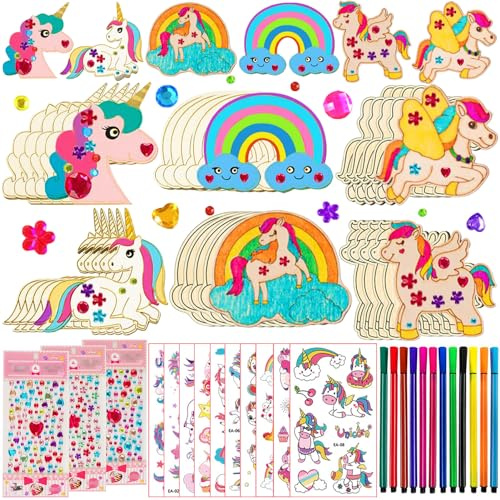 SZ Lucky Sheeps 246Pcs Einhorn Bastelset, Holz Basteln Kinder, mit 30 Holz 12 Farbstifte 202 Strasssteine 2 zufällige Aufkleber