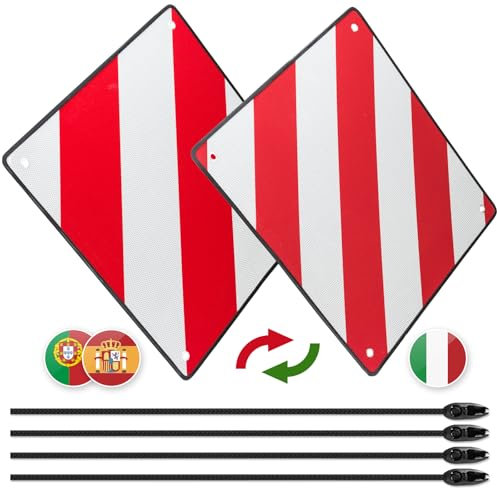 Warntafel Italien & Spanien, Raisaplin 2 in 1 Warnschild Reflektierend mit Spanngurte & Eckenschützer für Fahrradträger Heckträger zur Kennzeichnung überstehender Ladung - 50x50cm Aluminium Rot/Weiß