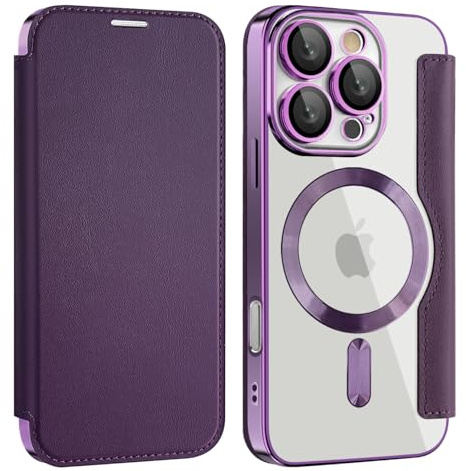 Unichthy Magnetic Flip Case for iPhone 16 Pro Max Clear Cover |RFID Blocking| Wallet Purse Shockproof Leather Individual Protection for Each Lens Phone Skin for iPhone 16 Pro Max Purple