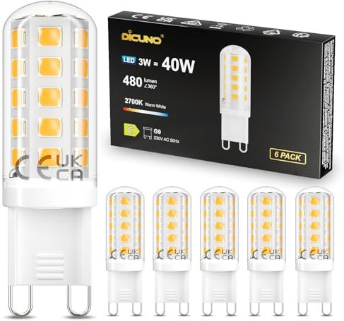 DiCUNO Lampadina LED G9 3W, equivalente a 40W alogena, 480lm, Bianco caldo 2700K, Non dimmerabile, Risparmio energetico, Led G9 per camera da letto, Soggiorno e Cucina, 6 Pezzi