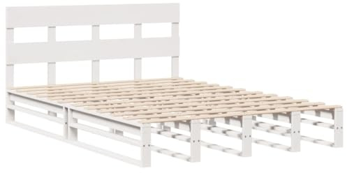 vidaXL Massivholzbett, Holzbett Bett mit Kopfteil, Bettgestell Bettrahmen mit Lattenrost, Doppelbett Palettenbett für Schlafzimmer, Weiß 140x200cm Kiefer