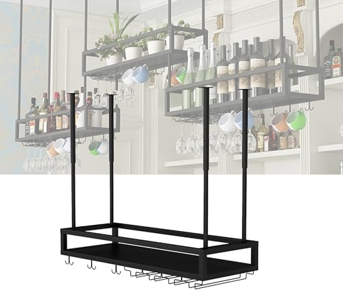 Portabottiglie Sospesi Porta Bottiglie di Vino da Parete con Portabicchieri Cantinetta Vino con Porta Bicchieri Sospesi Scaffale da Parete Mobile Bar Vetrinetta Espositiva per Cucina Sala da Pranzo(Bl