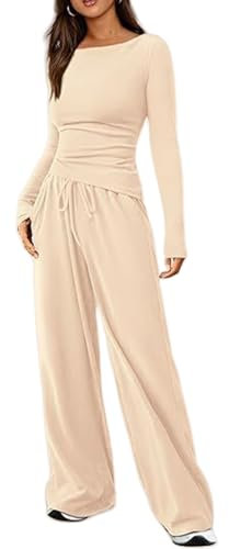 2-teiliges Lounge-Set für Damen, asymmetrisch, 2-teiliges Lounge-Set, 2-teiliges Langarm-Set für Damen, Reise-Outfits für Damen, beige, L