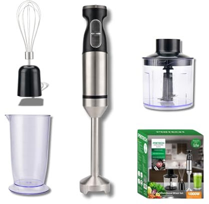 PRITECH Batidora de Mano 4 en 1, Potente Motor de 1000W, Multi Velocidades y Función Turbo, Cuchillas de Acero Inoxidable Incluye Vaso Medidor, Picadora, Varilla y Batidor, Puré, Baby food, Batido