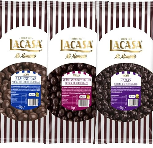 Lacasa Mi Momento pack 3kg bolas: Pasas de Corinto con chocolate Negro,Almendra con chocolate con Leche,Arándanos con chocolate Negro