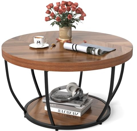 COSTWAY Soffbord i trä, rund med 2 nivåer, soffbord med metallram, vardagsrumsbord, soffbord 80 cm, D, för vardagsrum, mottagningsrum, kontor (natur)