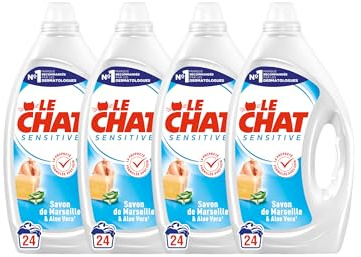 Le Chat Lessive Liquide, Sensitive Savon de Marseille et Aloe Vera, Lessive pour peaux sensibles, Parfum Hypoallergenique, Teste Dermatologiquement, 4x24 lavages