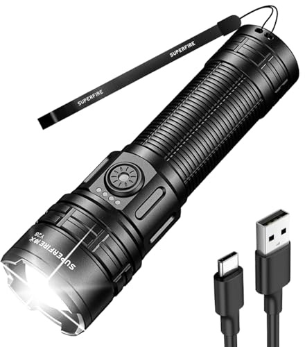 SuperFire LED Taschenlampe Aufladbar,4000 Lumen Extrem Helle,650m Leuchtweite,Zoombare Taschenlampen mit 5 modi,Premium-Lampenperlen mit Überhitzungsschutz,IPX6 Wasserdichte für Outdoor,Camping