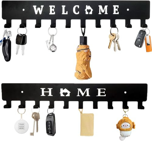 Feluxor Schlüsselhalter Wand mit 10 HakenSchlüsselbrett mit Ablage Ohne Bohren Schwarz Schlüsselboard Modern WELCOME HOME für Küche Schlafzimmer Wohnzimmer Badezimmer Schlüssel Wandlagerung Organizer