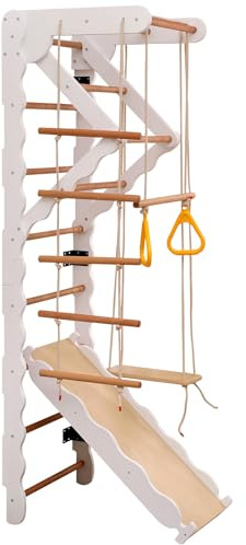 Struttura Da Arrampicata Multifunzionale 6 in 1, Spalliera, Compensato, Legno Massello, Faggio. 50 Kg. Scivolo, Altalena, Scala per Gattonare, Struttura Da Arrampicata