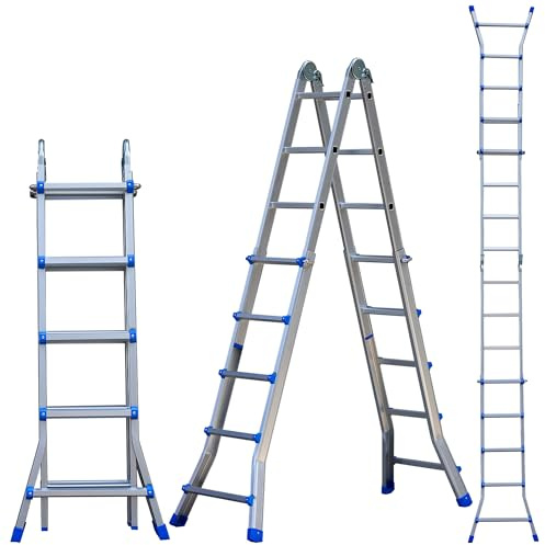 A Frame 5 Step Telescoping Ladder, 16 FT Reach Height Muti Position Folding Ladder with Flared Leg, 330 lbs Bearing Capacity Folding Aluminum Ladder for Stairs Home Indoor Outdoor Roof Use