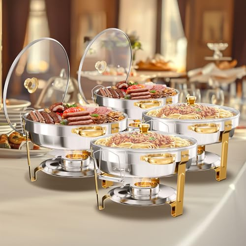 WARMOUNTS Gold Chafing Dishes for Buffet with Glass Lid, 5QT 4 Pack Round Chafers and Buffet Warmers Set with Mirror-Polished Stainless Steel, Rolled Rim, Stackable, Lid Holder for Parties, Weddings