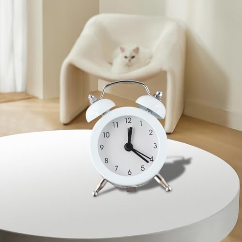 Besttoolifes Sveglia analogica al quarzo, classica sveglia in metallo a doppia campana, funzionamento a batteria, orologio da comodino per snoozer (bianco)