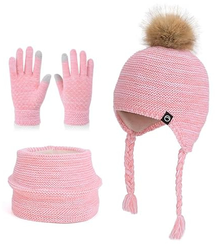QKURT Bambini Cappello Invernale Sciarpa Guanti Set, Termici Cappelli Berretti Scaldacollo in Maglia, Sciarpa e Guanti Touchscreen per Ragazze e Ragazzi 4-10 Anni