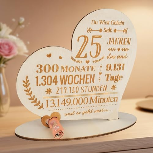 ARTREE Silberhochzeit Geldgeschenk Holz Herz mit Zeitangaben, Geldgeschenk 25. Geburtstag – Tischdeko & Geldgeschenk in einem, Jubiläum Geschenk