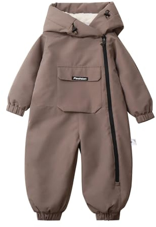 Boys Girls One Piece Snowsuits Front Pockets Fleece-Lined Puffer Ski Suits Jumpsuits Kids Winter Hiking Insulated Warm Side Zipper Onesie Snowsuits (Brown, 3-4 Years)
