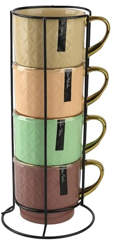 Festa Italia 4 x 340 ml Espressotassen Set aus Keramik mit Ständer - Stapelbar Espresso Tassen - Expresso Tassen Modern - Esspresotasen - Mokkatassen - Kaffeebecher für Espresso, Latte, Cappuccino